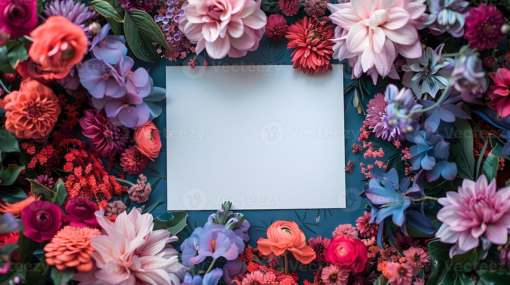 White card encircled by vibrant flowers on blue backdrop photo