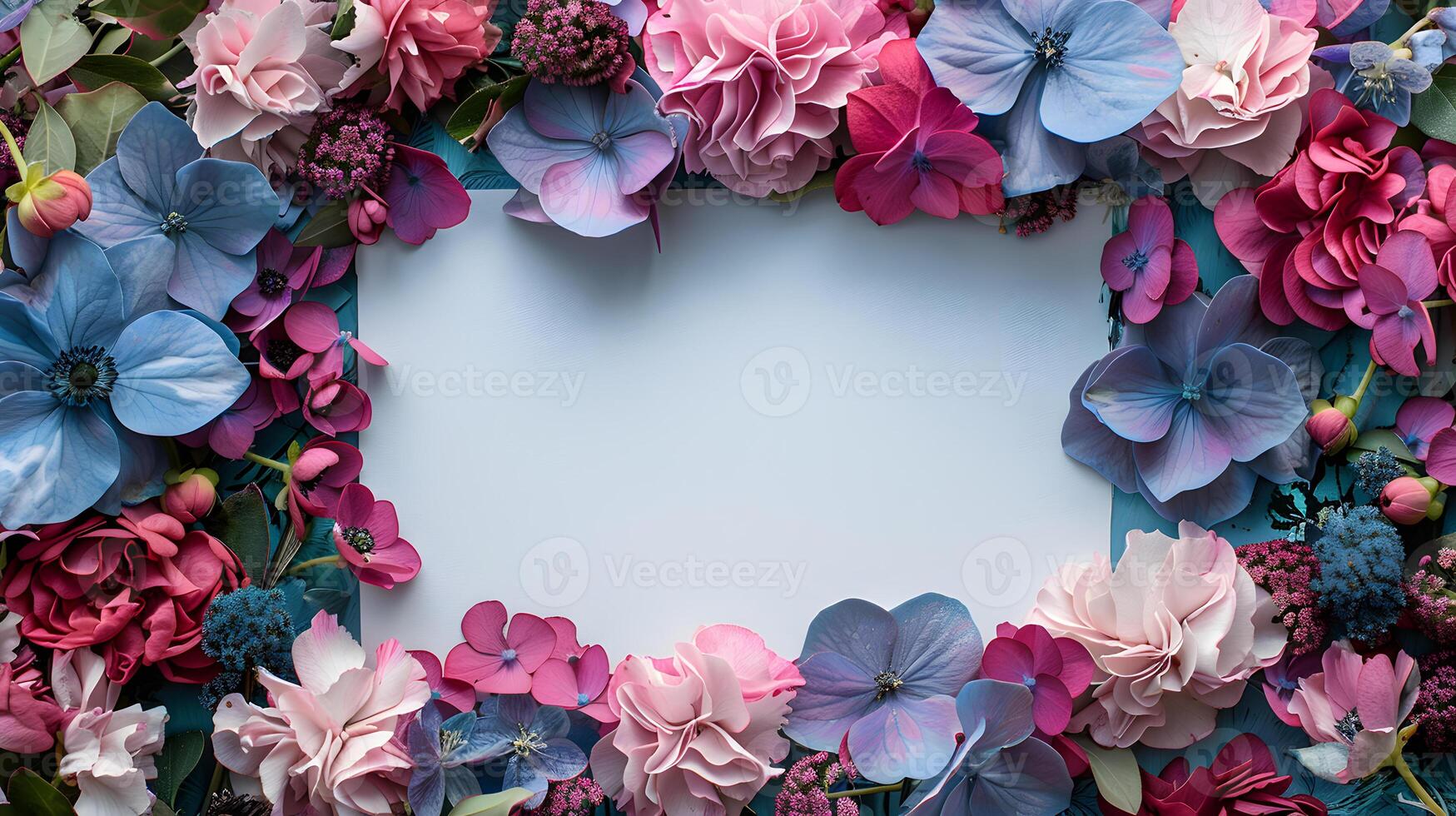 A white paper is adorned with pink and blue flowers photo