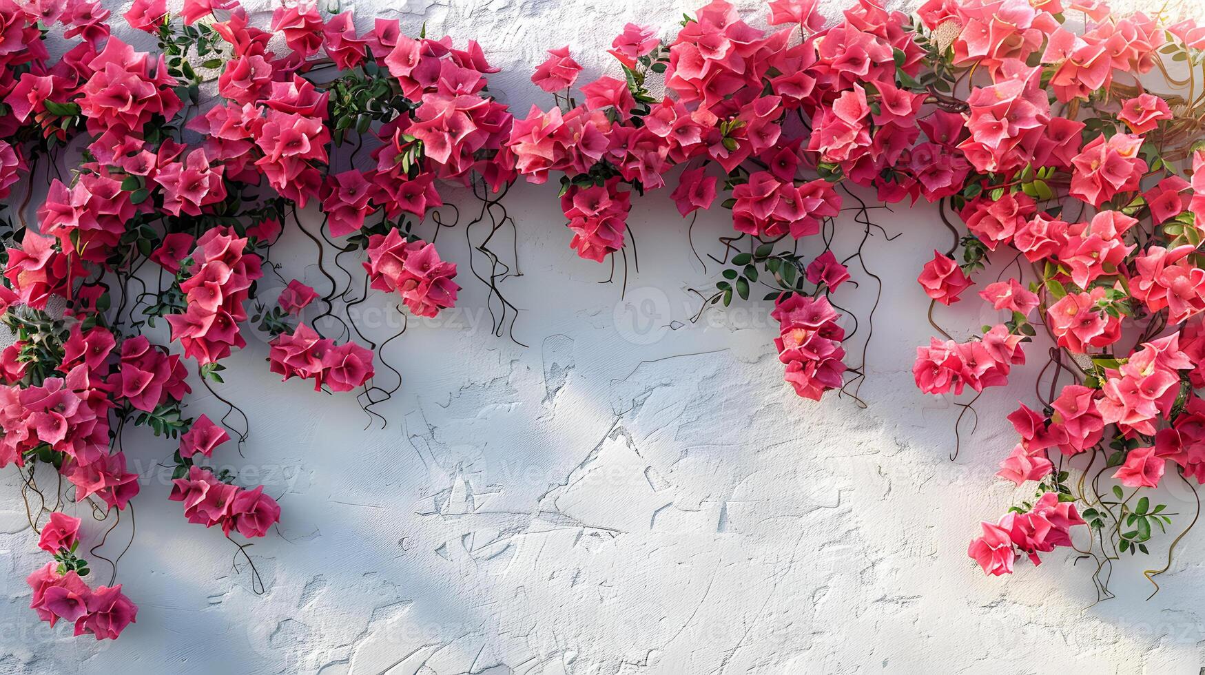 Pink Bougainvillea Flowers on White Textured Wall in Sunlight photo
