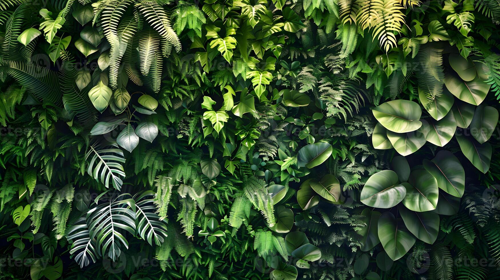 Lush Green Foliage Background with Varied Leaf Patterns photo