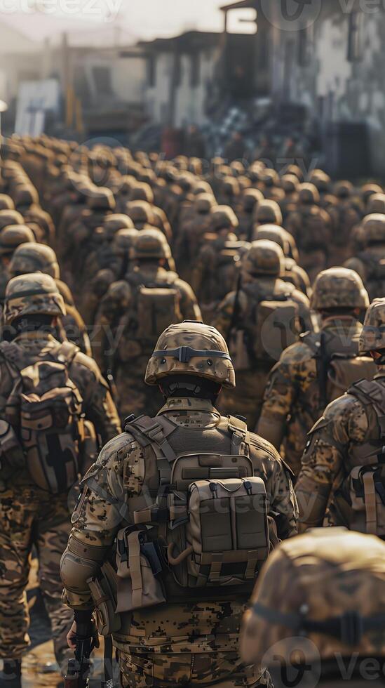 Squad of soldiers wearing military camouflage march in formation photo