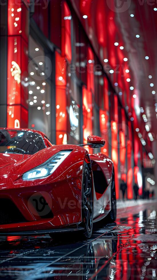 Red sports car parked under red lights, showcasing sleek automotive design photo