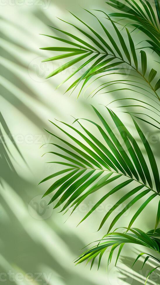 Palm tree leaves create a shadow on the white wall photo