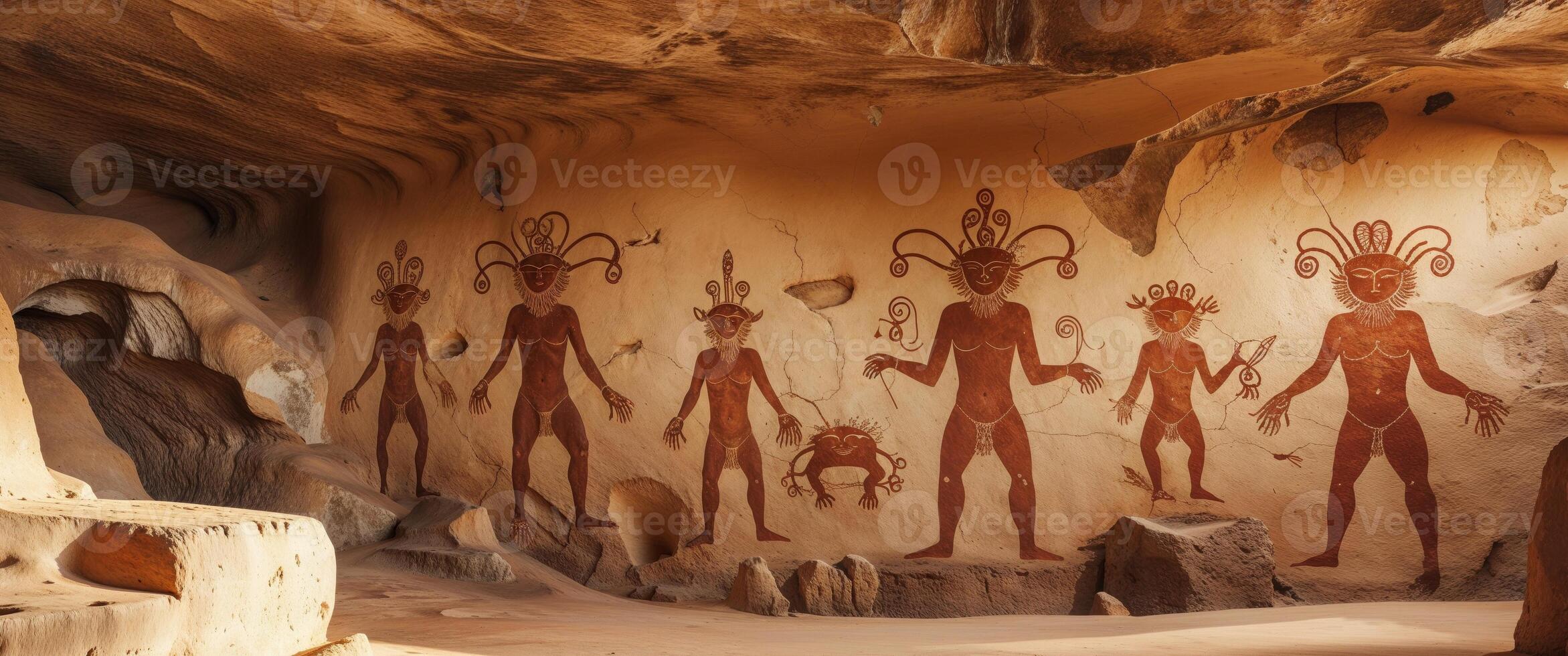 Exploring prehistoric rock art of human figures and creatures in ancient cave setting. photo