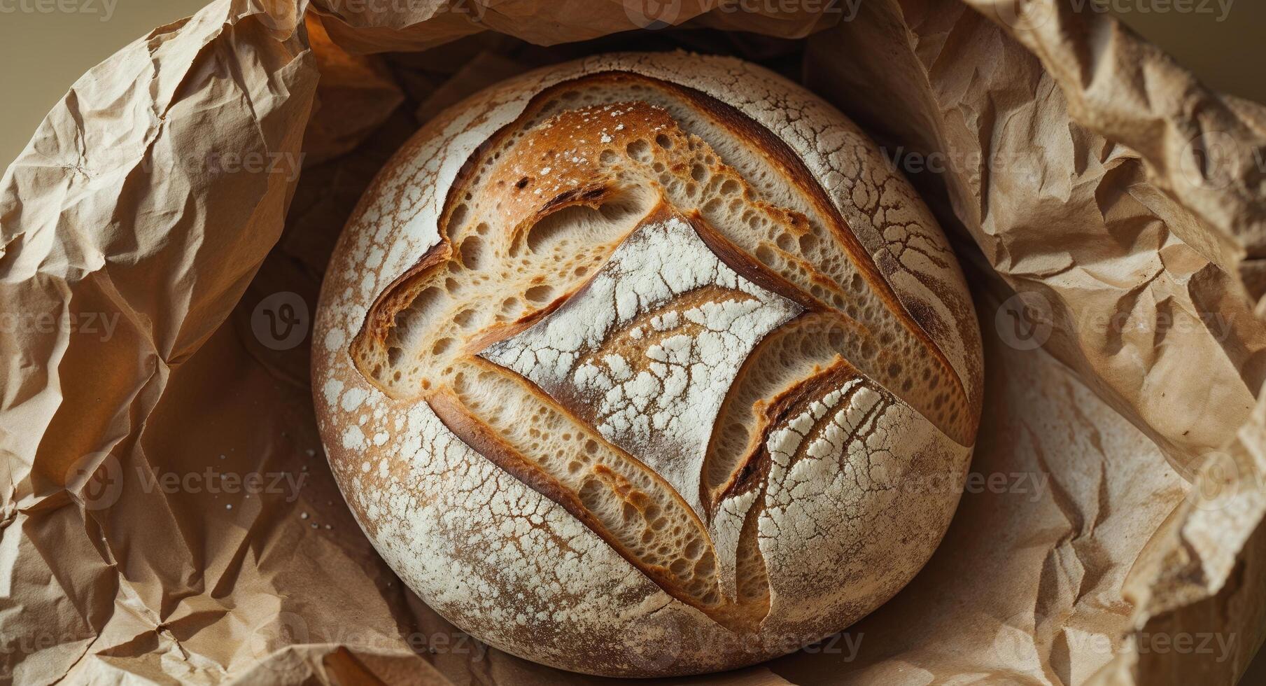 rustic round sourdough bread on crinkled brown paper with flour dusting photo