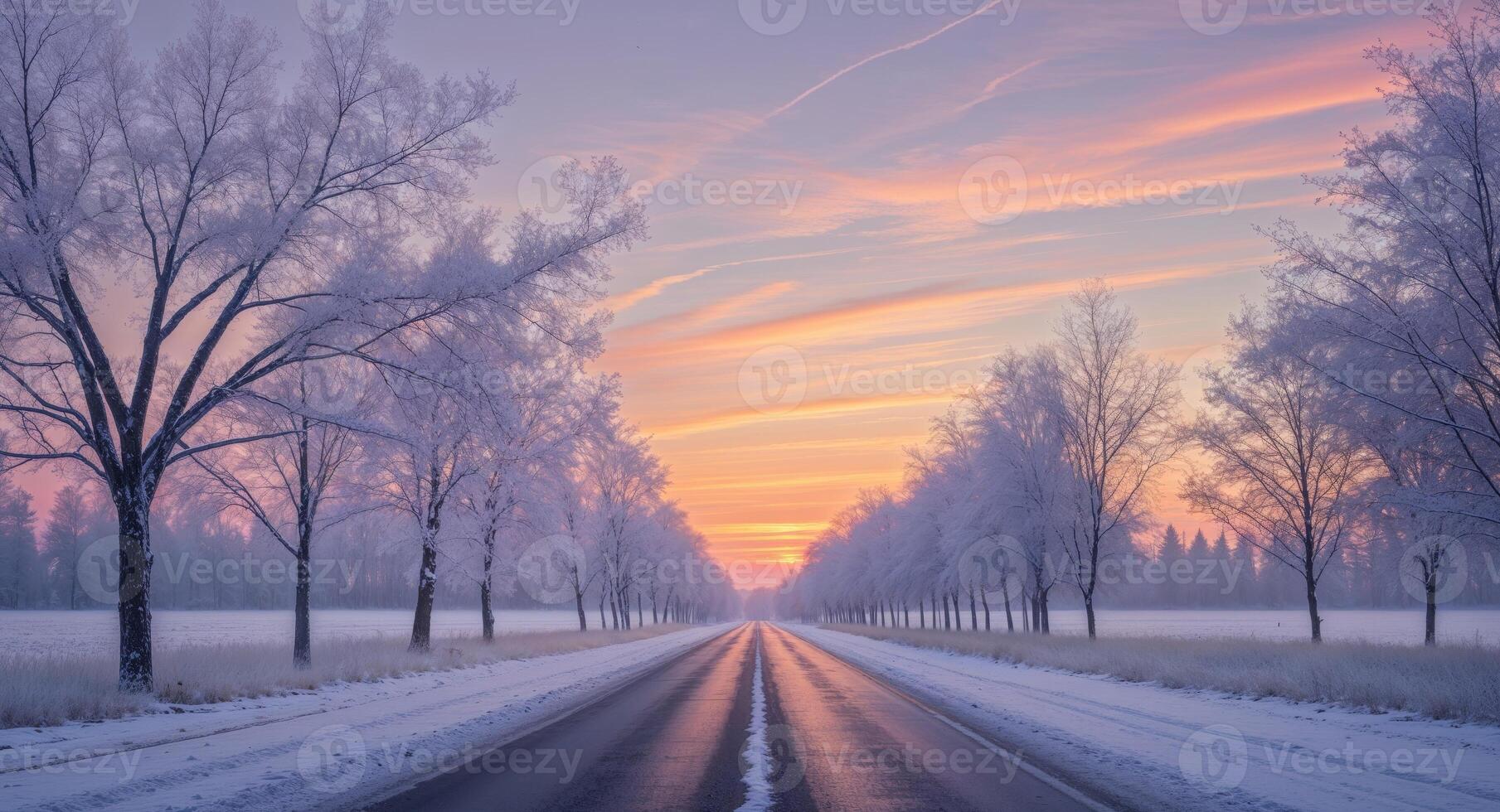 Winter road lined with frosted trees under a beautiful sky at sunset photo