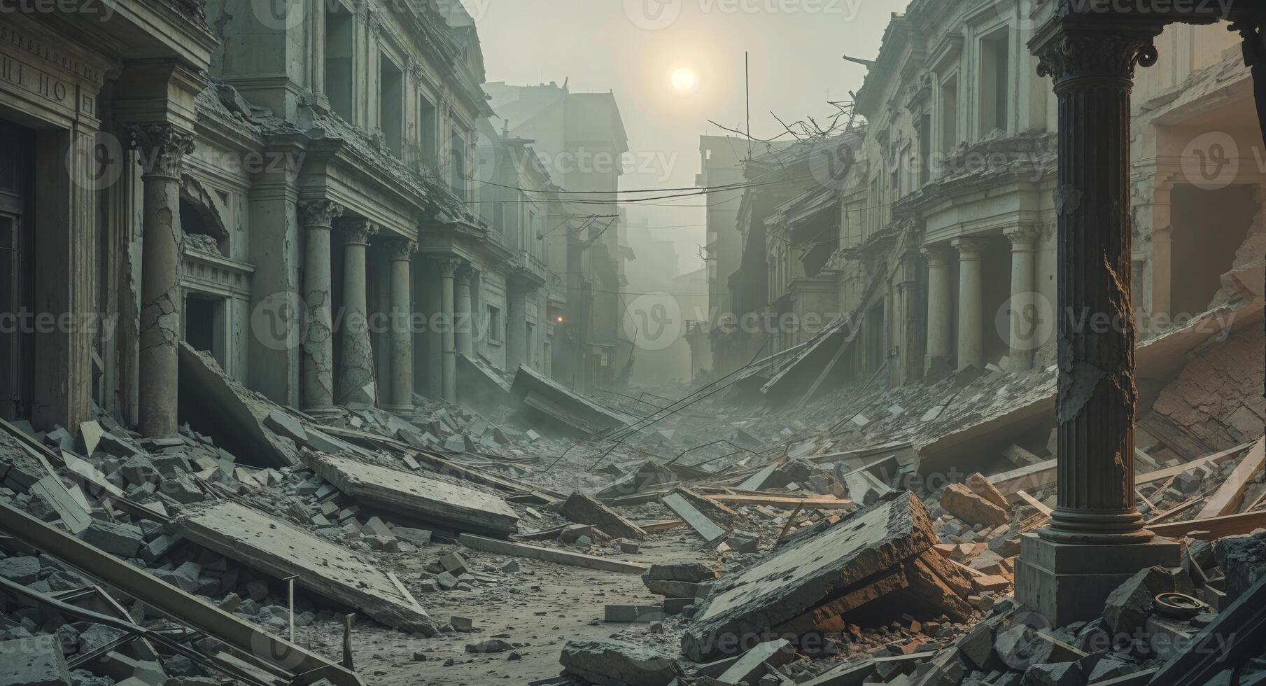 Devastating earthquake aftermath in historic street with collapsed buildings and debris. photo