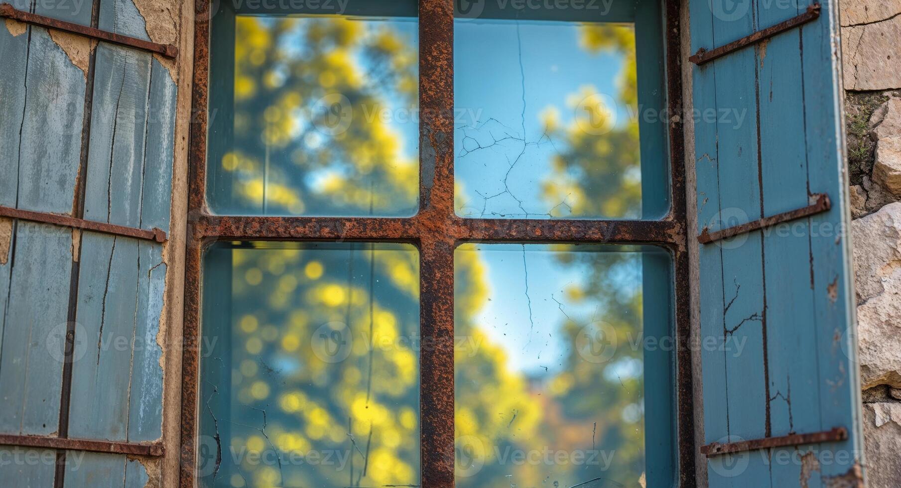 Old window with rusty iron bars and weathered blue shutters is reflecting trees in the glass on a sunny day. photo