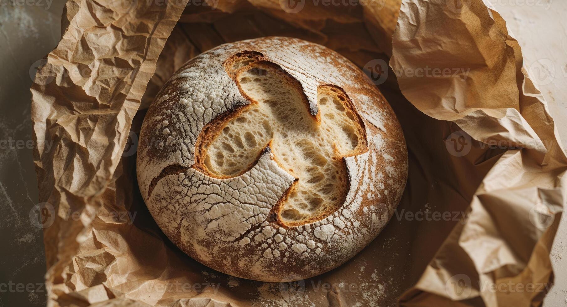 rustic round sourdough bread on crinkled brown paper with flour dusting. photo