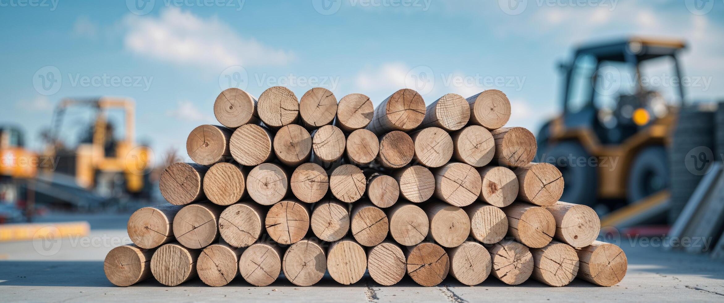Stacked wooden logs on a construction site with machinery and tools in the background. photo