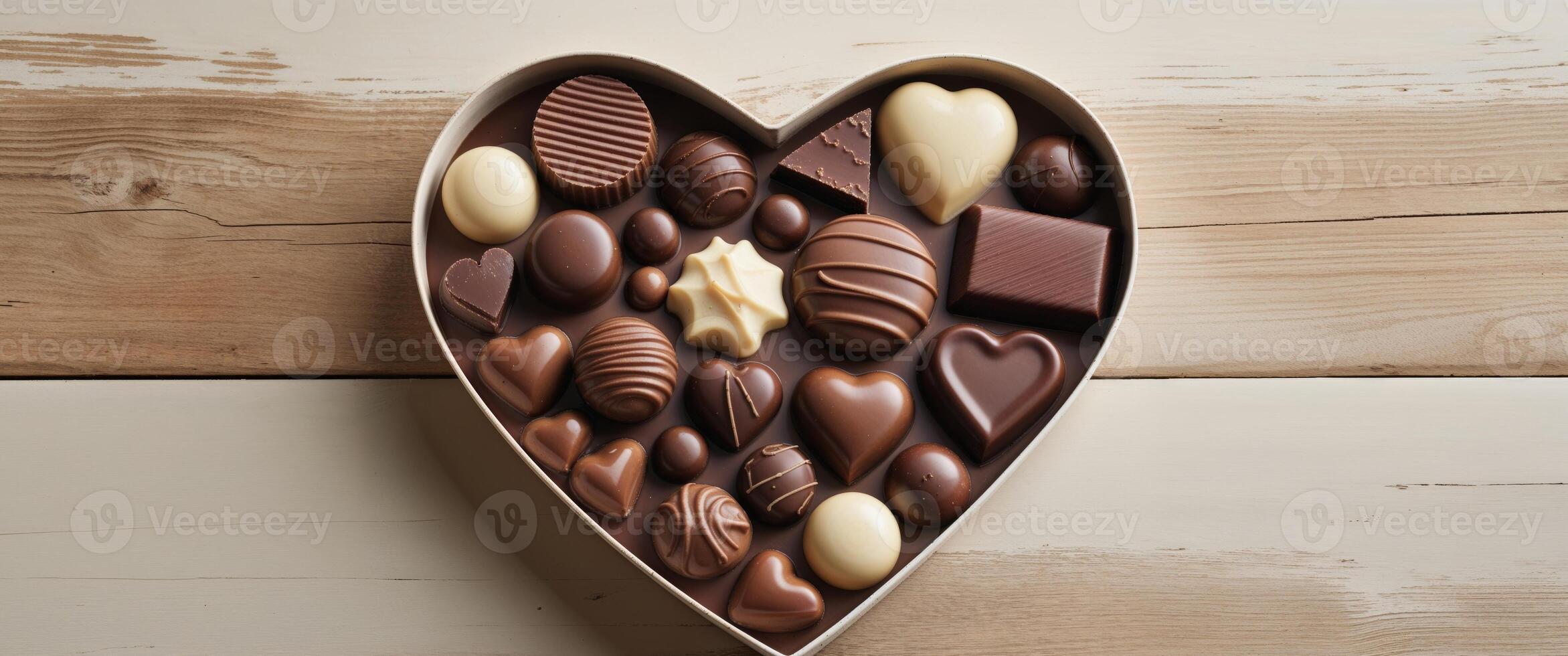 Assorted Chocolate Confections in Heart Shaped Box on Wooden Surface. photo