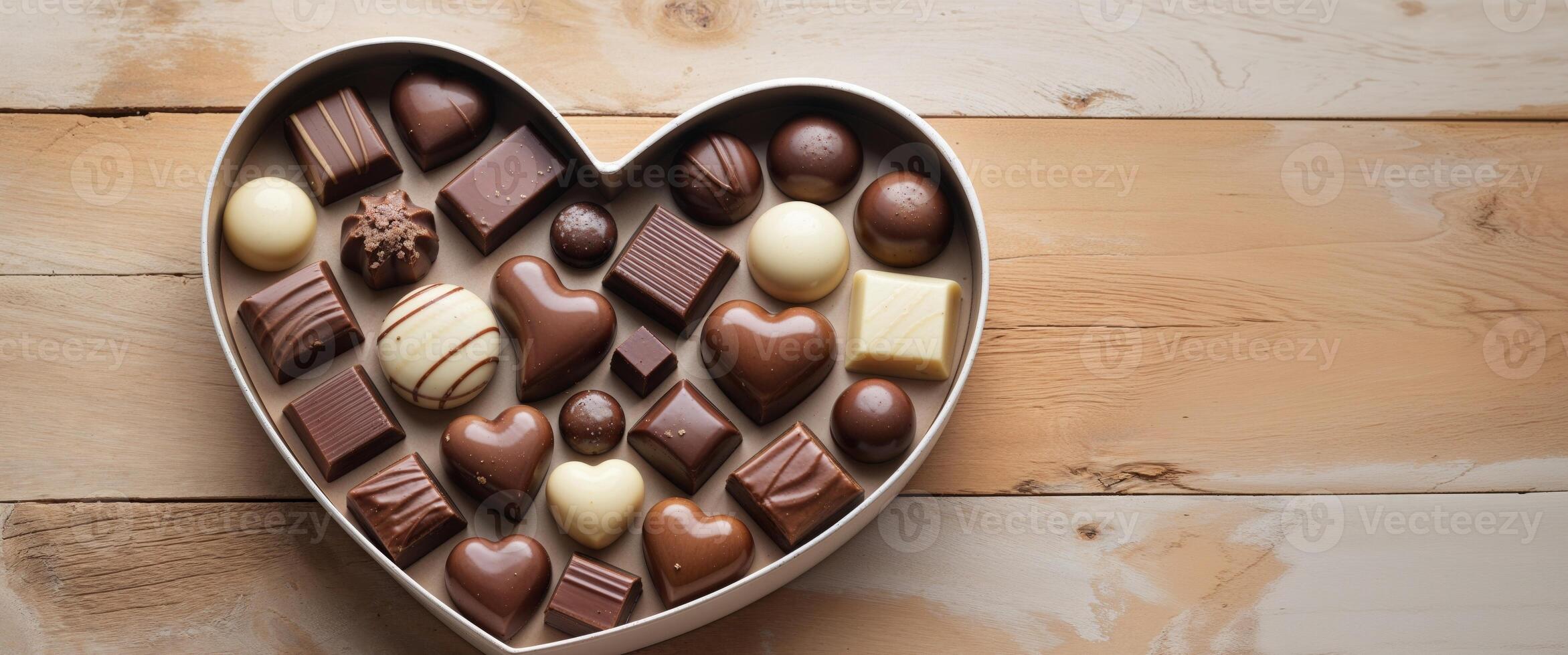 Assorted Chocolate Confections in Heart Shaped Box on Wooden Surface photo