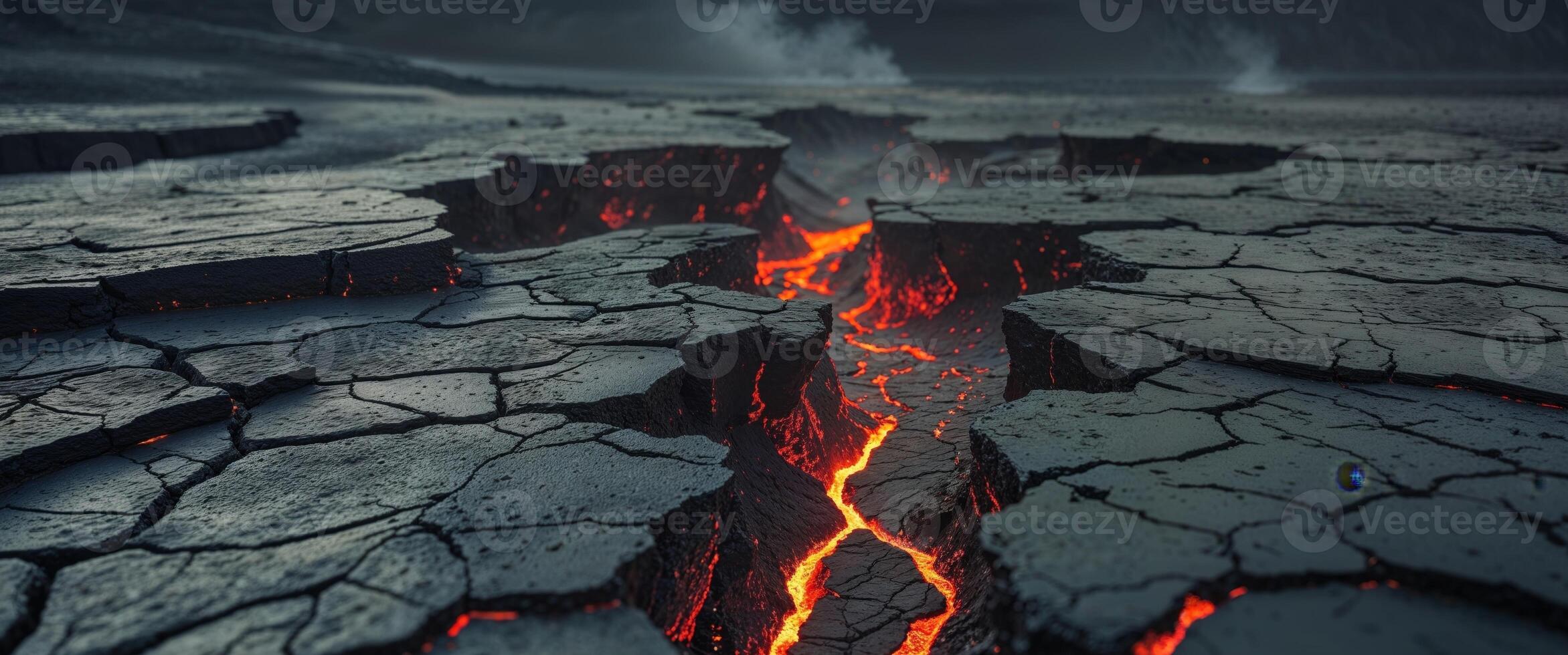 Molten lava flows through cracked volcanic rock photo