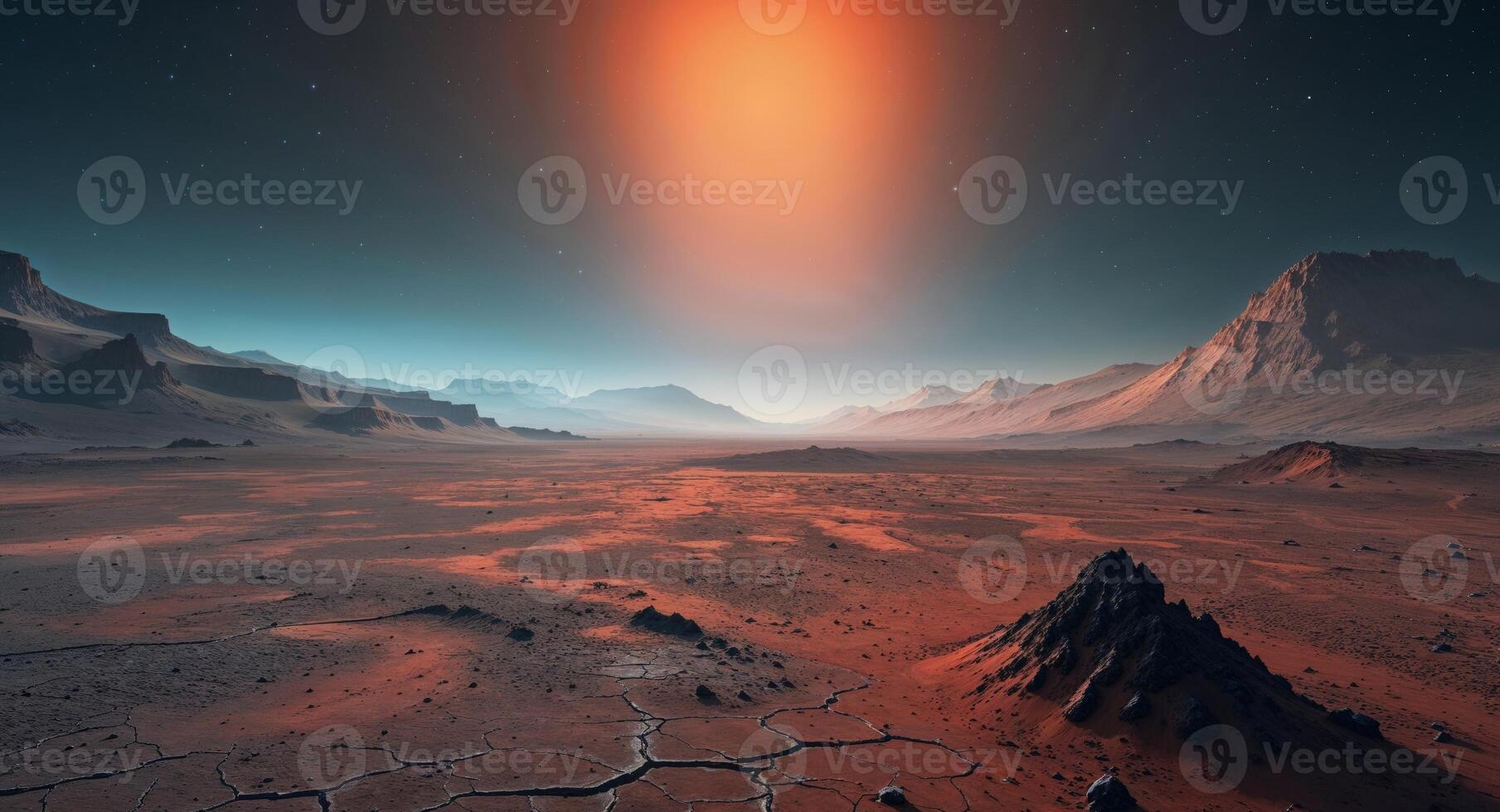 An alien landscape with a bright light shining in the sky photo