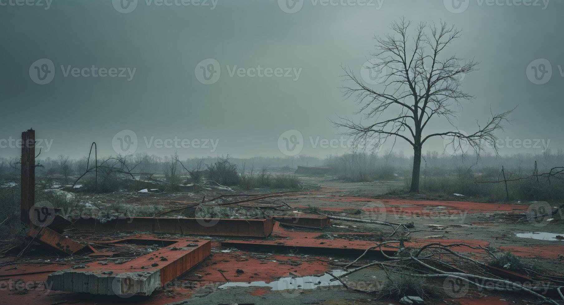 A tree stands alone in an abandoned field photo