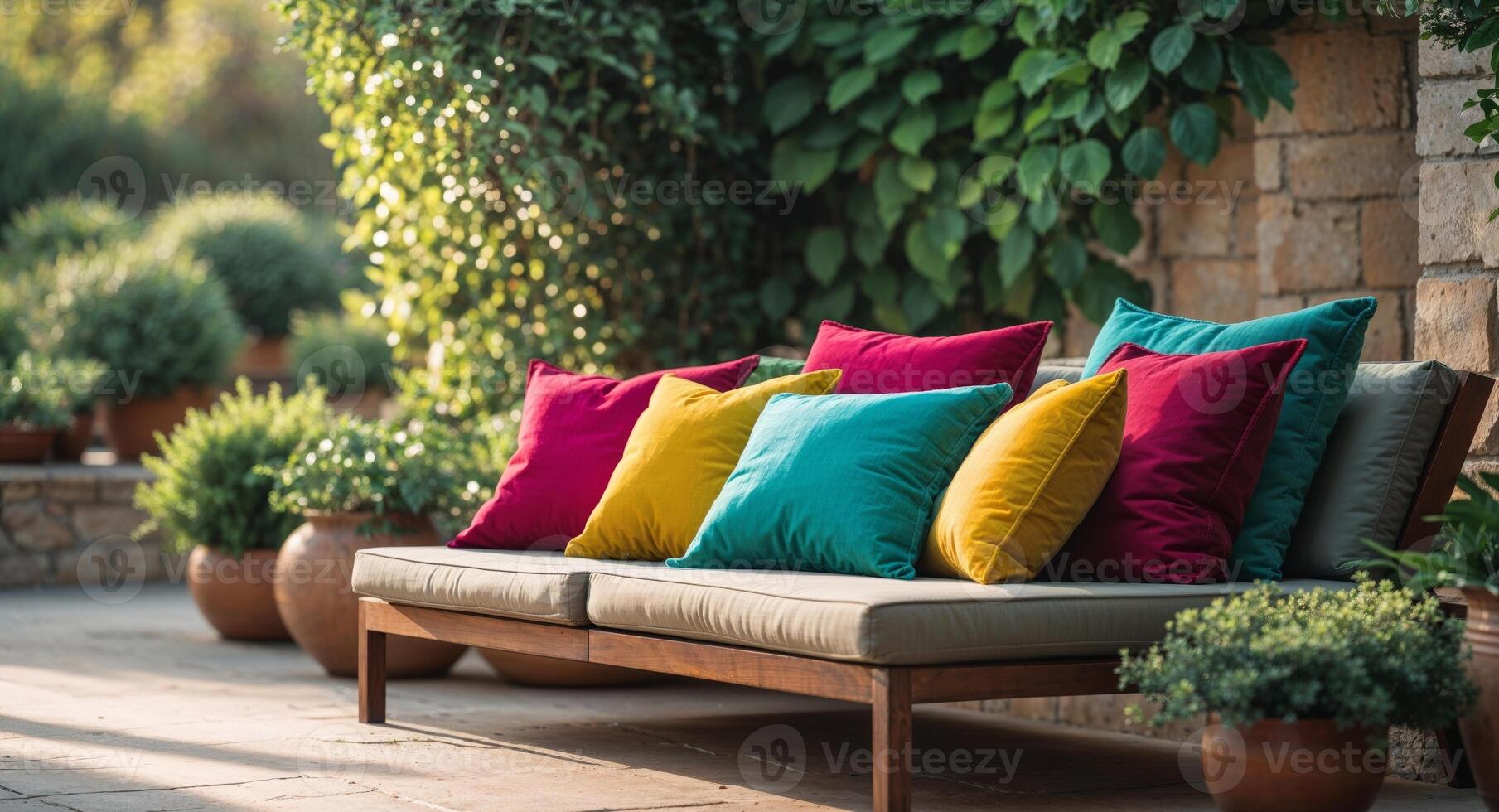 Relaxing Patio with Lush Greenery and Colorful Pillows. photo