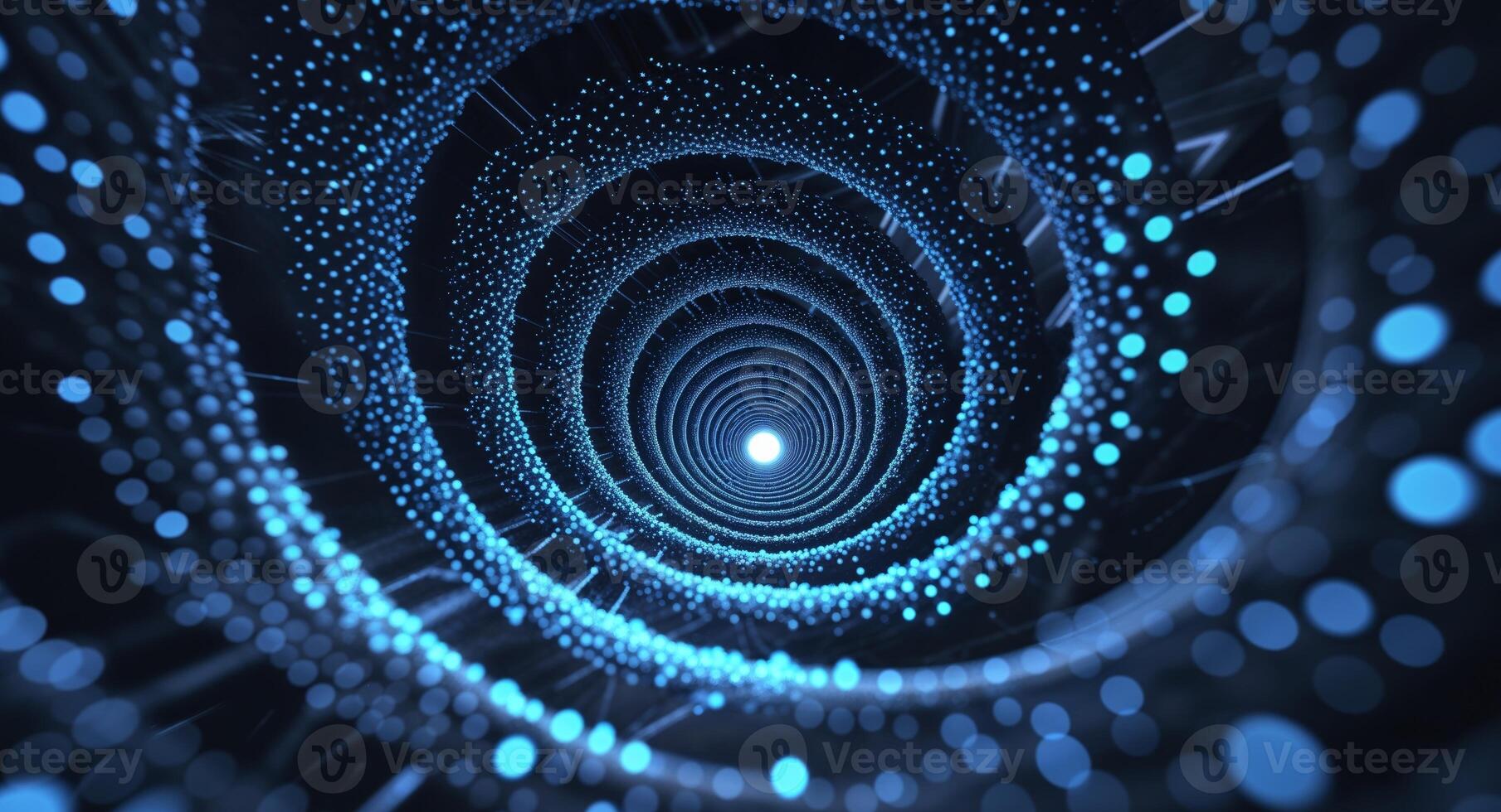 blue glowing particles spiral in dark background technology innovation concept. photo