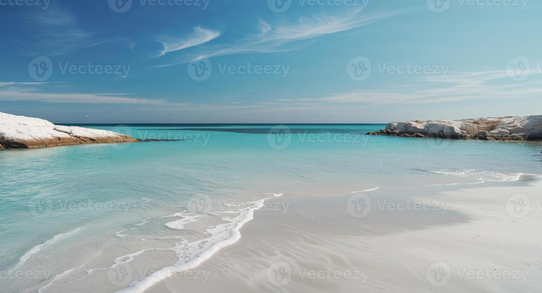 Tranquil Rocky Seascape with White Sand and Clear Blue Sky on a Summer Day Ideal for Travel and Nature Themes. photo
