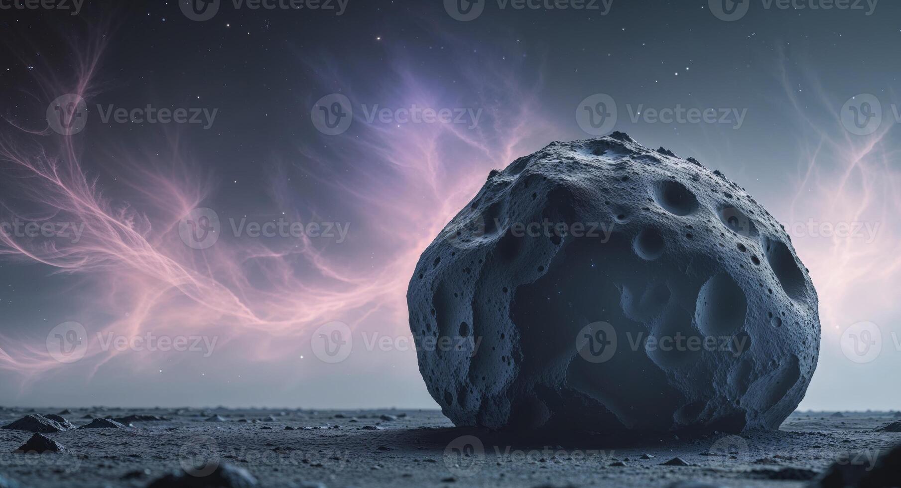 Large asteroid is traveling through outer space with a nebula in the background. photo