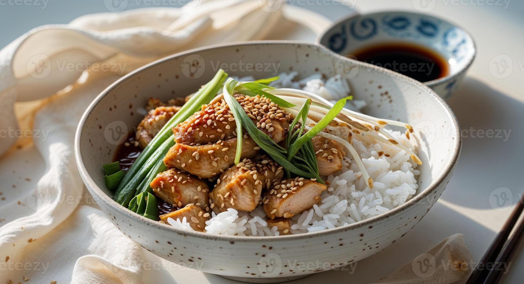 Delicious Homemade Sesame Chicken Bowl with Savory Soy Sauce and Fresh Ingredients. photo