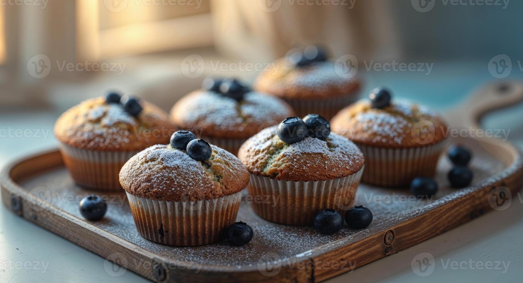 Baked blueberry muffins on a wooden tray with soft lighting and festive ambiance in a cozy kitchen. photo