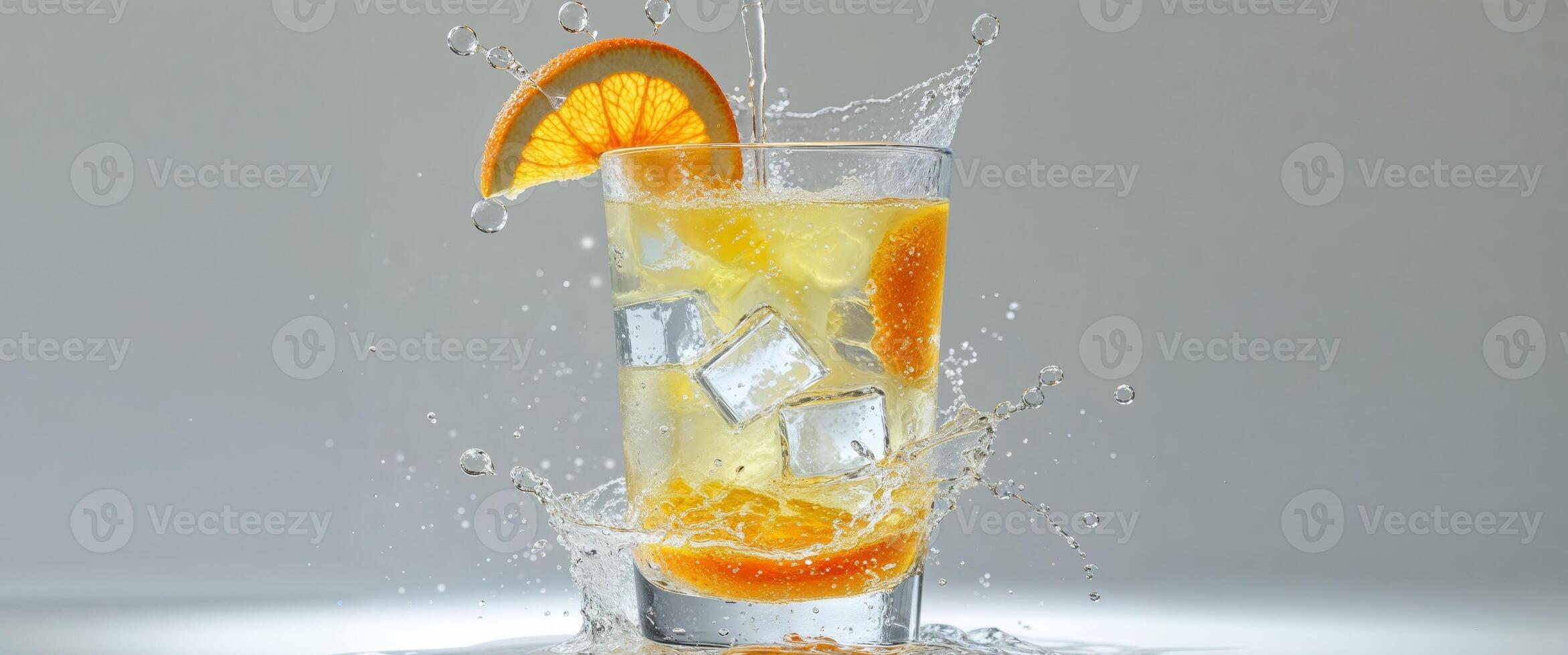 Refreshing beverage with orange slice splashing in glass filled with ice and liquid. photo