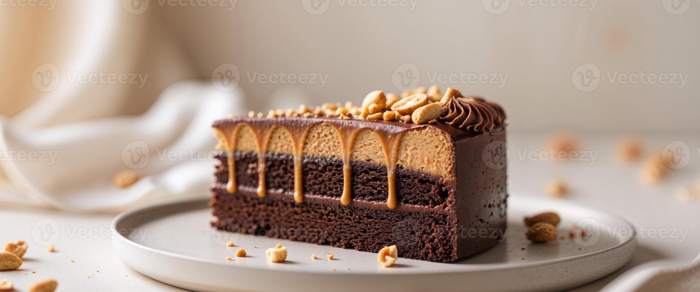A piece of chocolate cake with peanut butter frosting photo