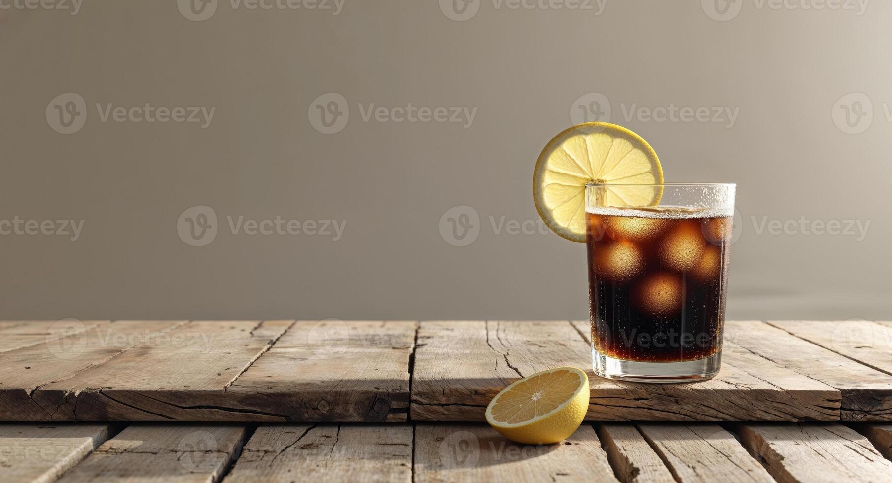A glass of cola with a lemon slice on top photo