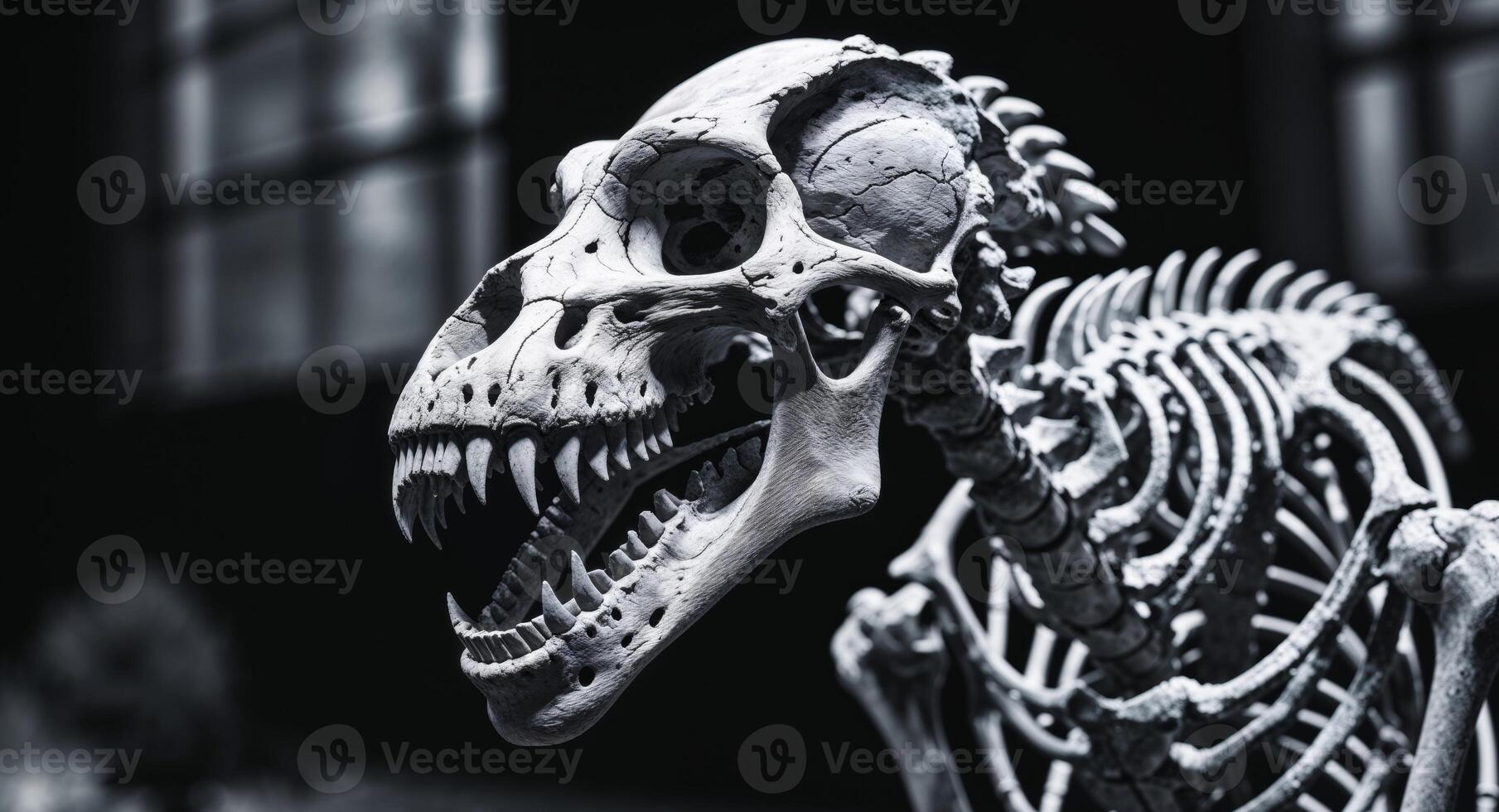 Fossilized beast skeleton model with open mouth on display. photo