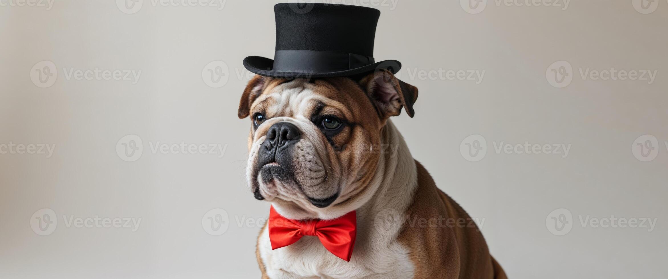 Adorable Bulldog Wearing Hat and Bow Tie. photo