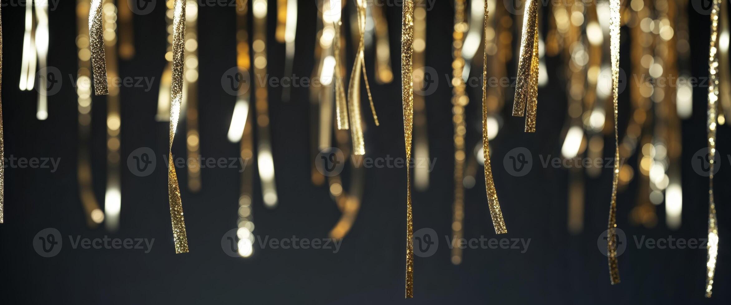 Shimmering gold metallic streamers on black background photo