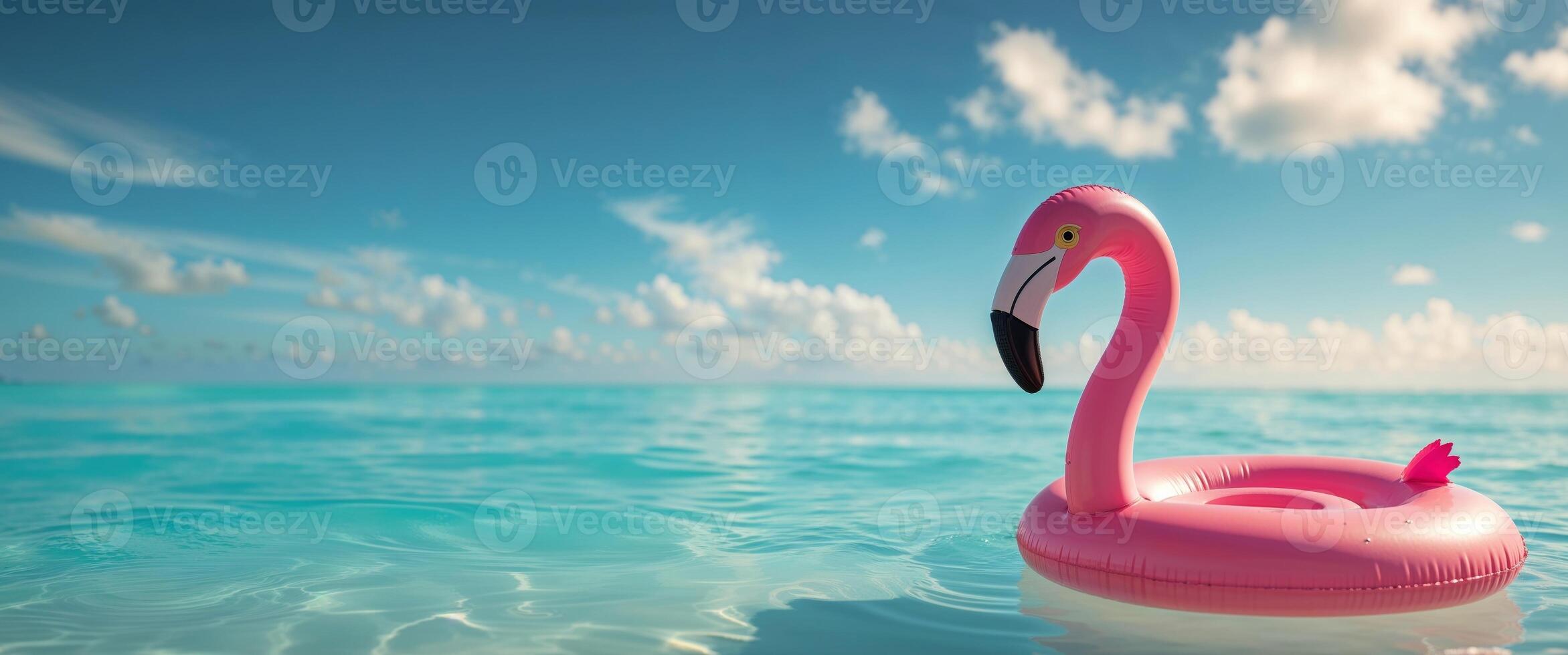 Summer Vacation Scene with Pink Flamingo Pool Float in Crystal Clear Water and Deep Blue Sky. photo