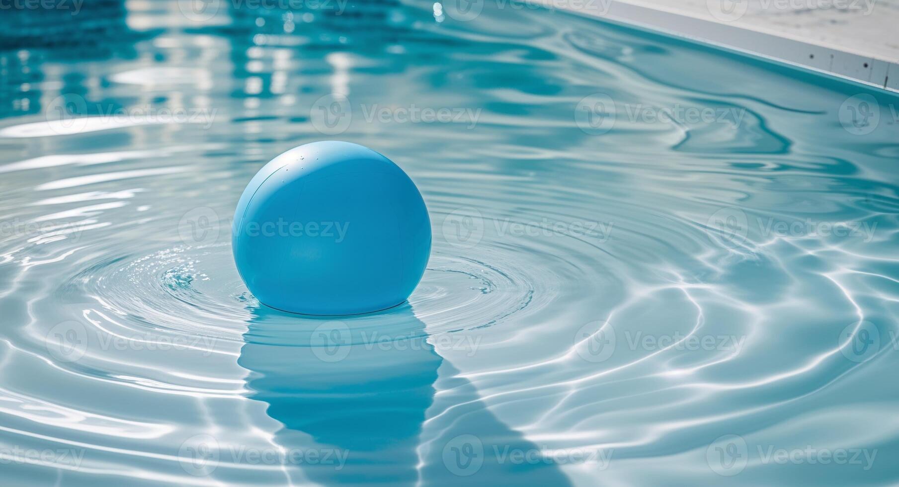 Blue inflatable ball floating on the surface of a clear swimming pool with ripples and reflections Copy Space. photo