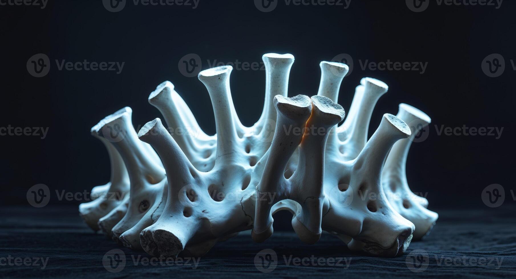 Abstract representation of vertebrae illuminated with glowing effects in a dark background photo
