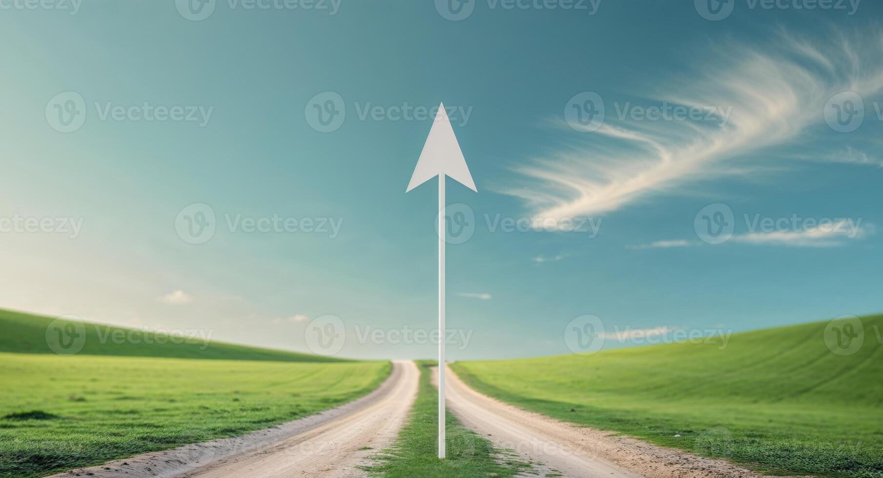 White Arrow on Dirt Road Leading Through Green Field Under Blue Sky. photo