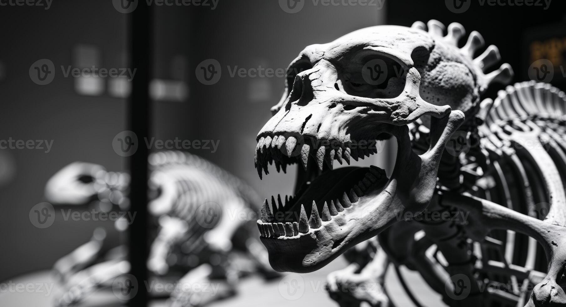 Fossilized beast skeleton model with open mouth on display photo