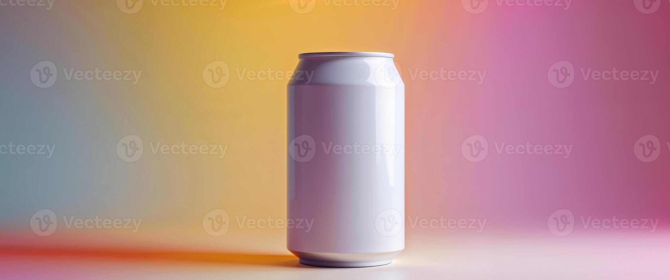 A white blank soda can on a colorful background photo