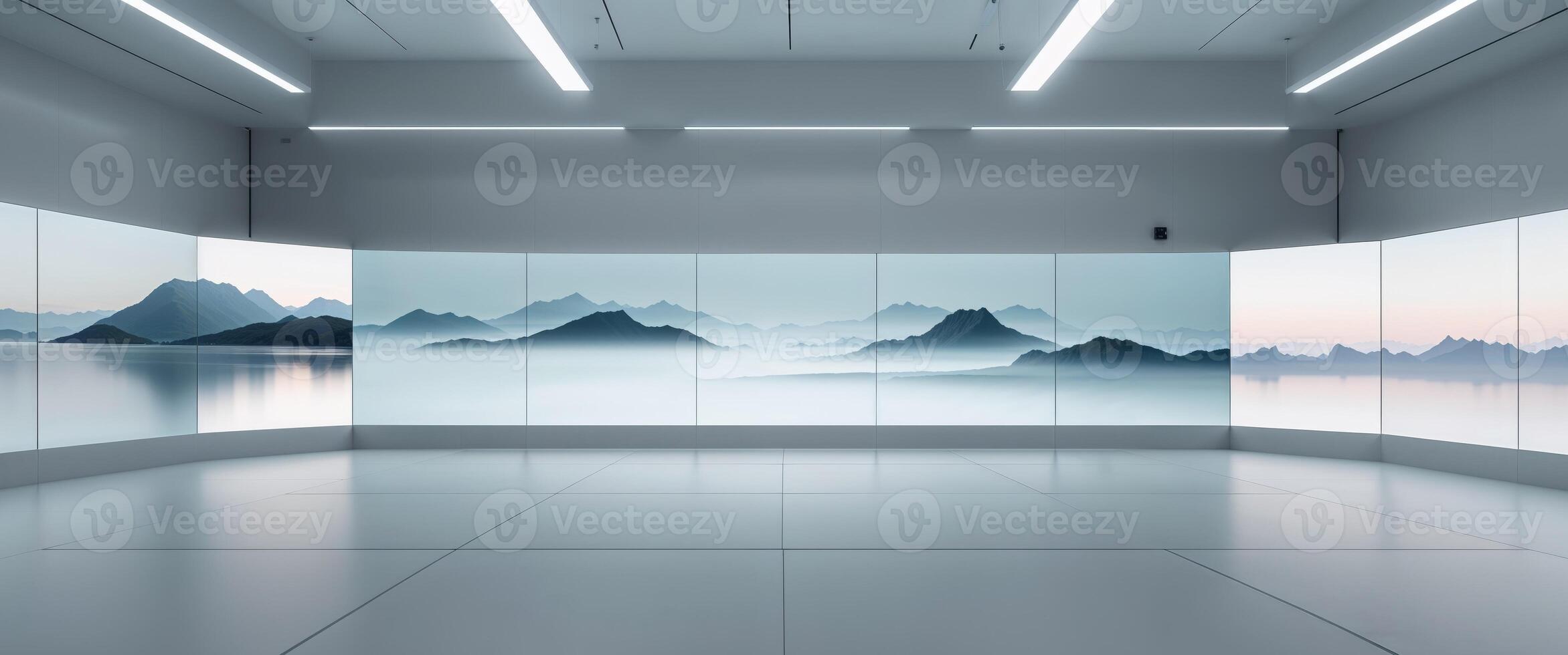 Modern mining control room with multiple screens displaying landscapes photo