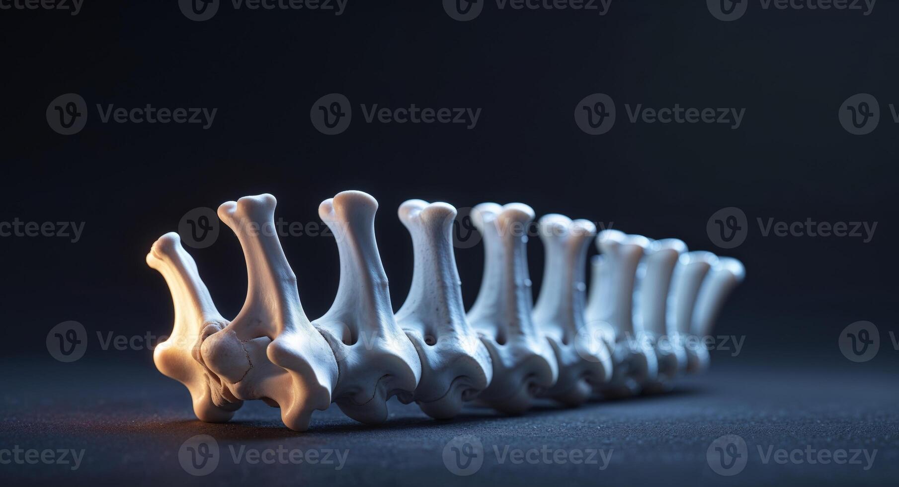 Abstract representation of vertebrae illuminated with glowing effects in a dark background. photo