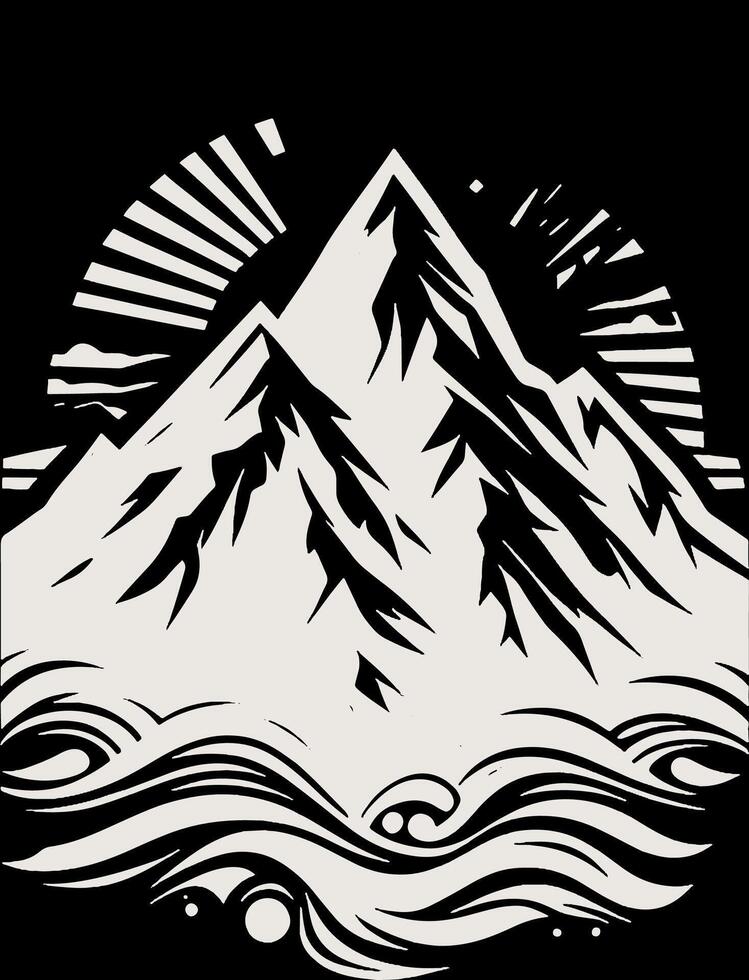 Mountain with waves and sun illustration. vector