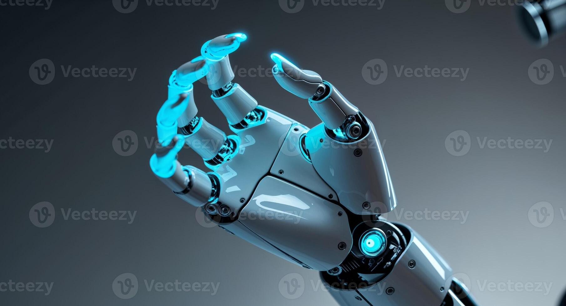 Robotic hand with glowing joints in a futuristic setting reflecting advanced technology and innovation photo