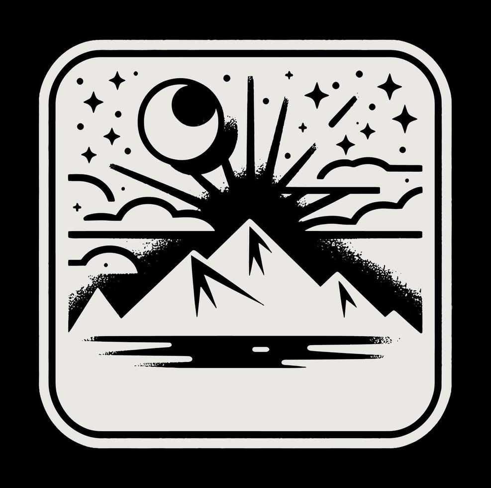 A black and white logo with mountains and a sun vector