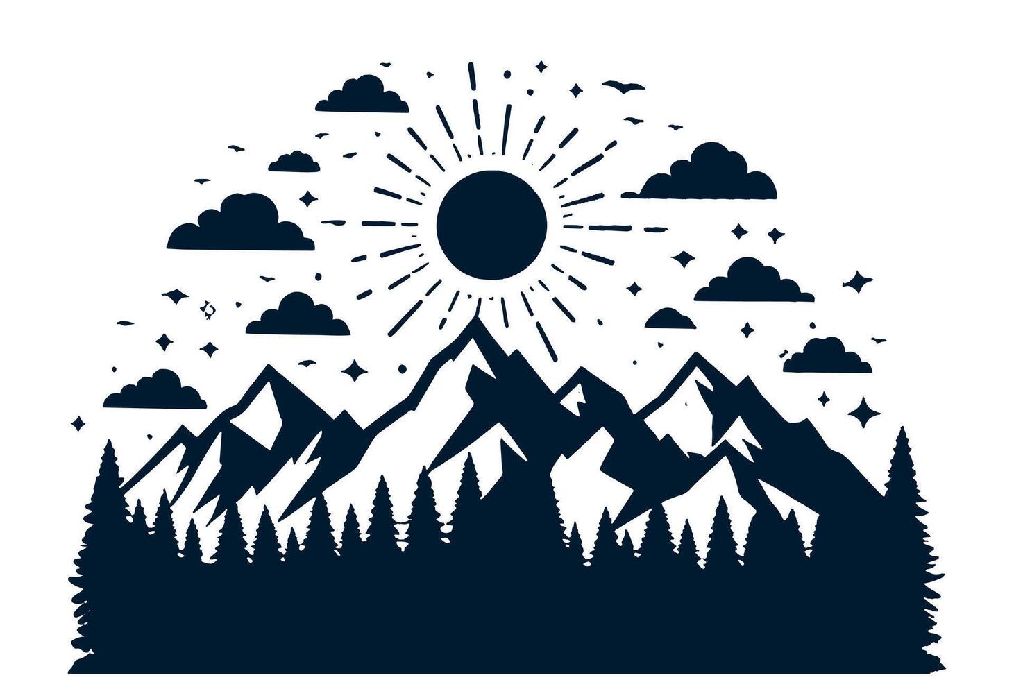 A silhouette of mountains and trees with sun and clouds vector