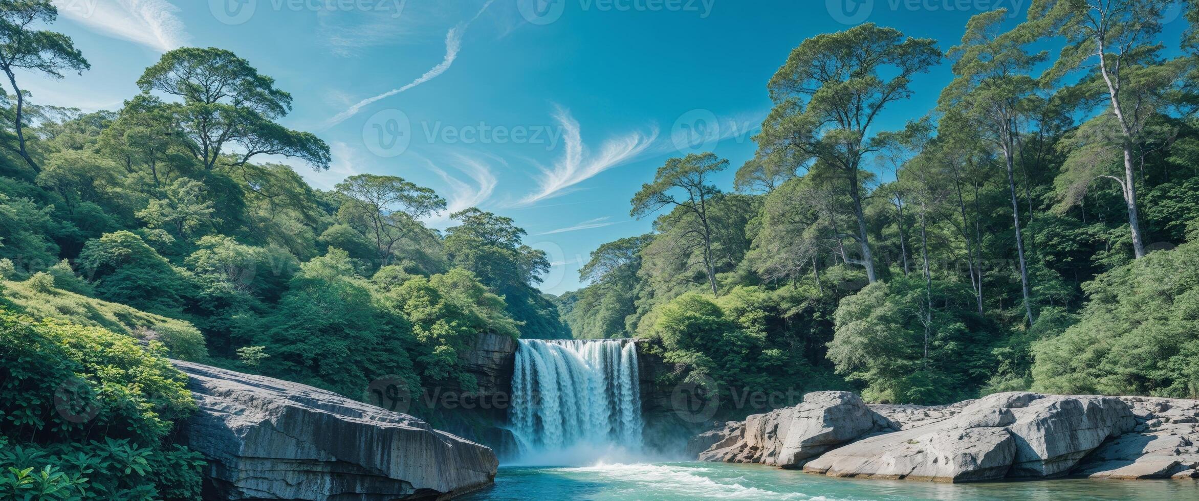 Scenic waterfall cascading down rocks surrounded by lush green vegetation and trees under a clear blue sky photo