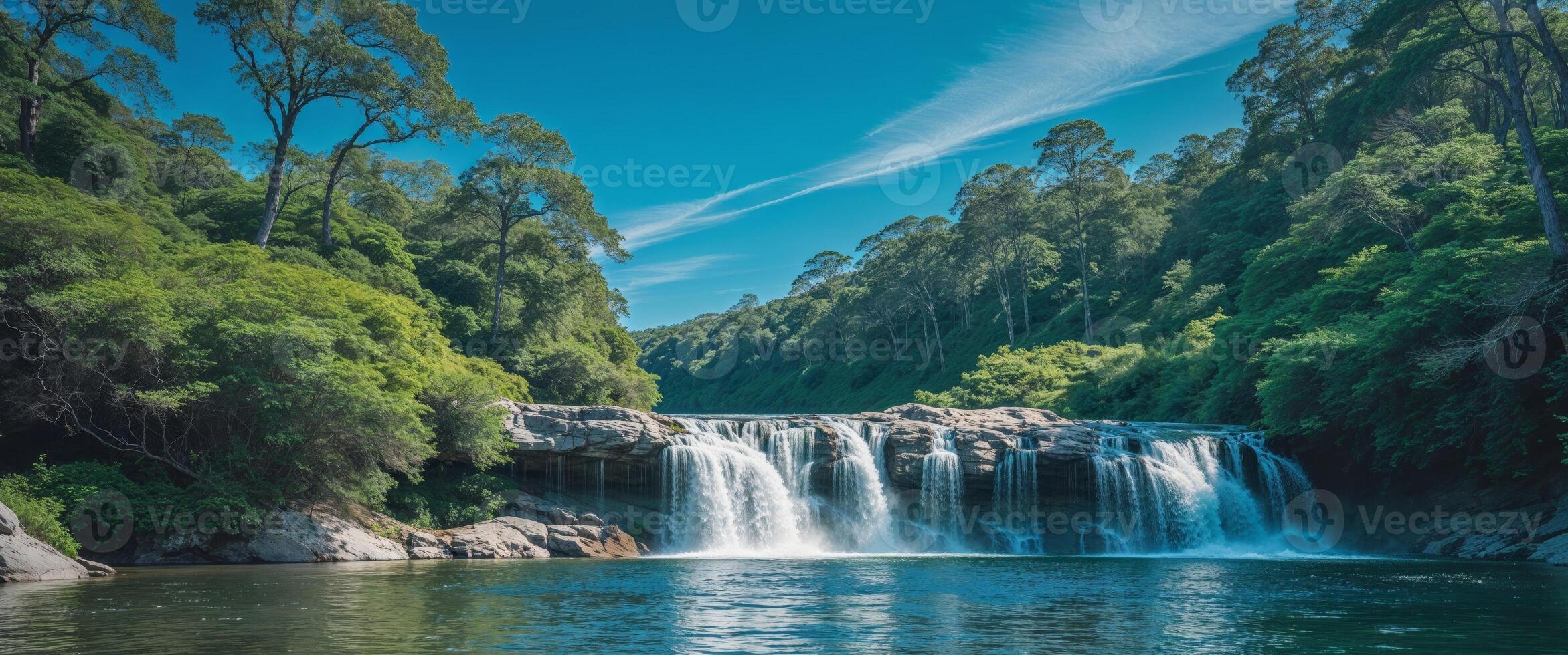 Scenic waterfall cascading down rocks surrounded by lush green vegetation and trees under a clear blue sky. photo