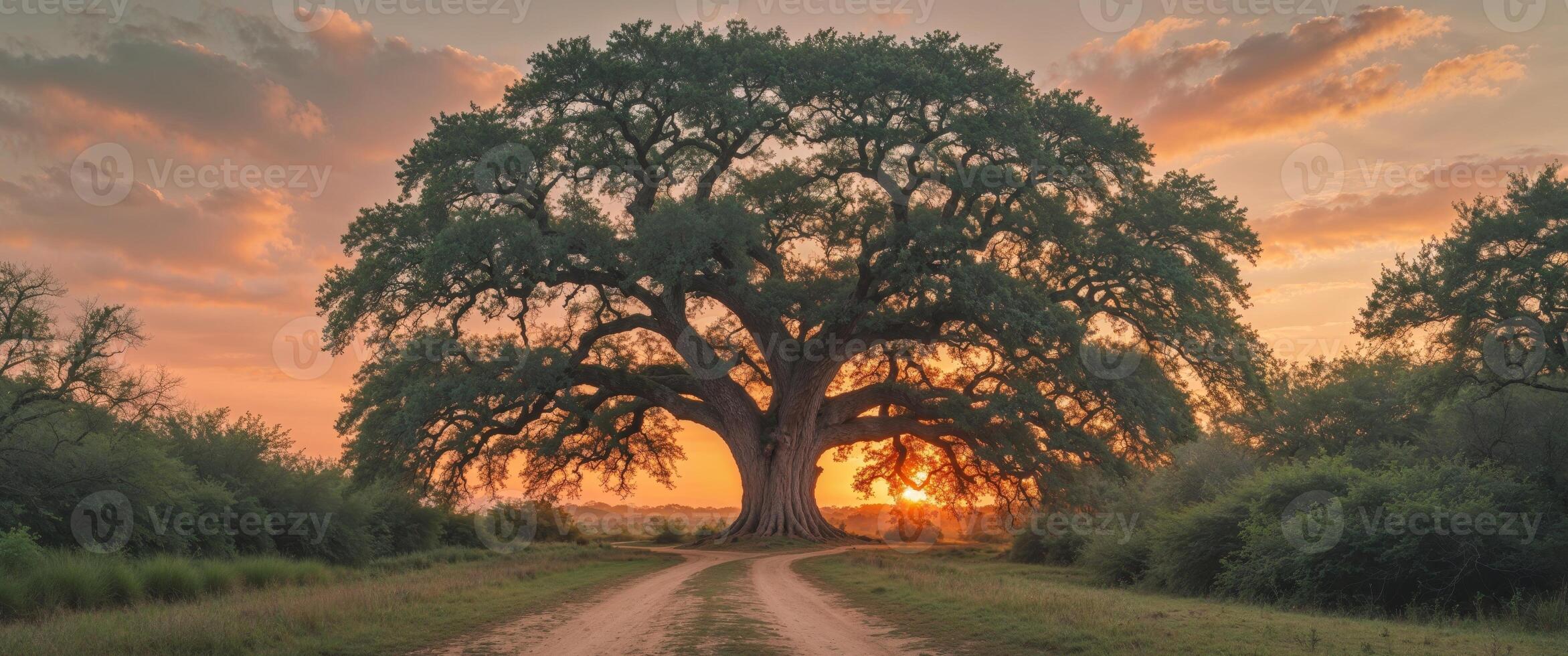 A large tree stands in the middle of a field at sunset photo