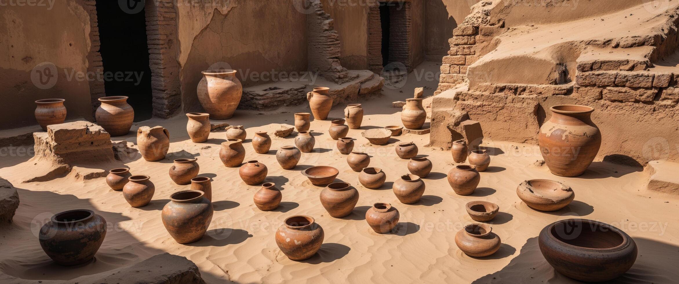 A group of clay pots sitting in the sand photo