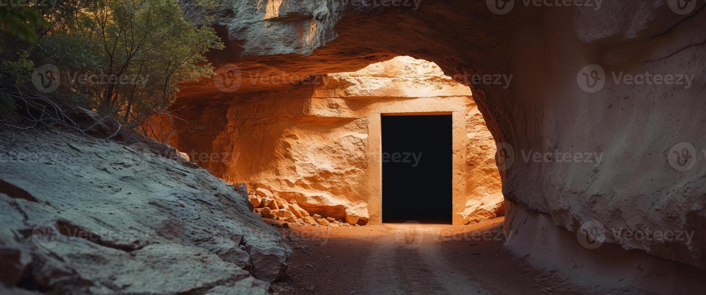 A door in a cave with a light coming from it photo