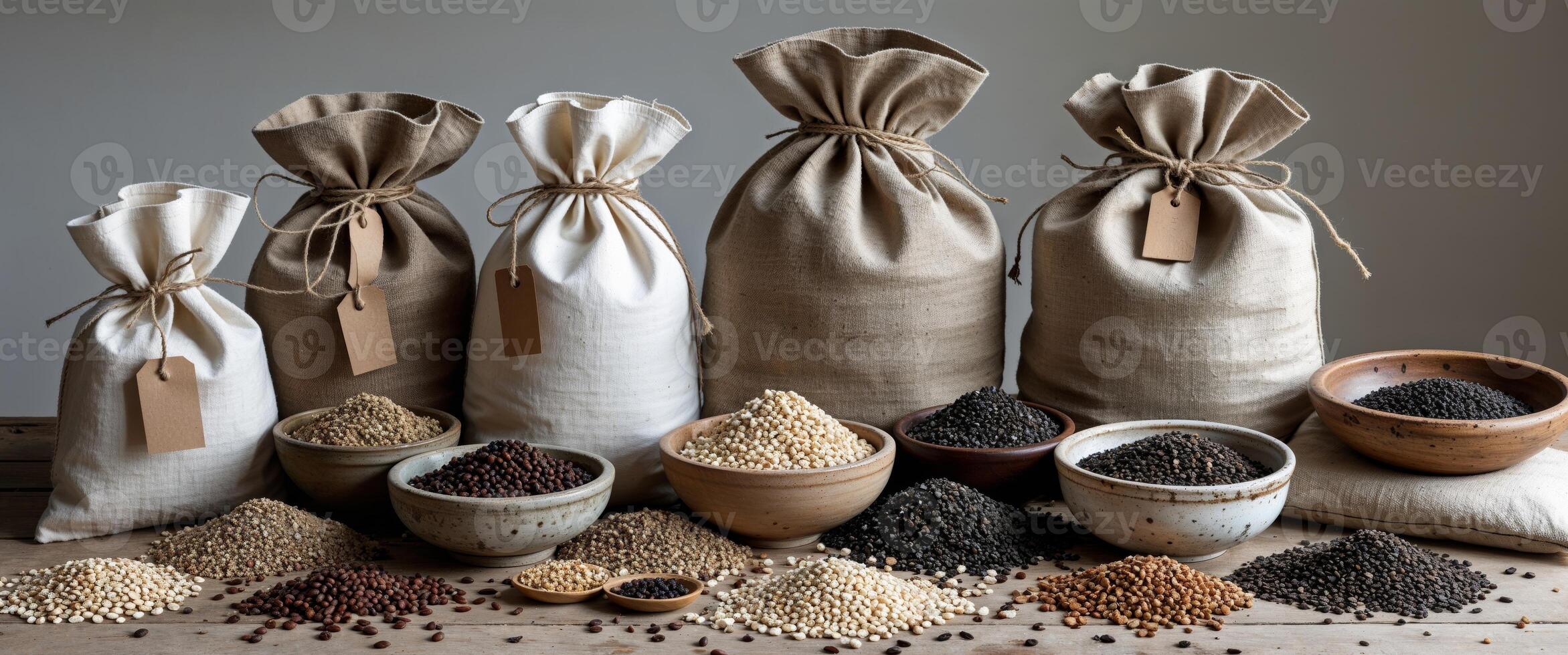 Various types of seeds and grains in bags photo