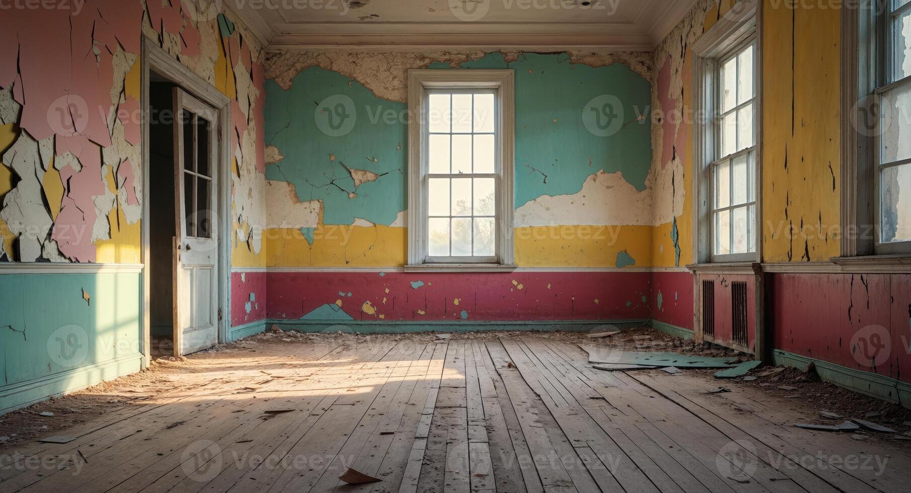 An empty room with peeling paint and wood floors photo